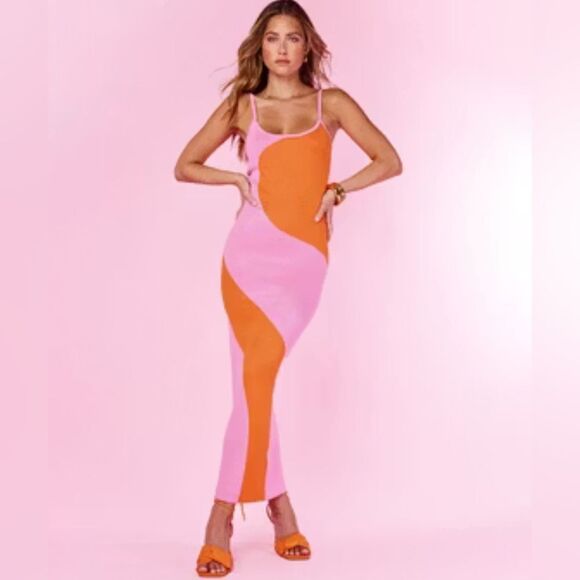70’s Retro Bodycon Baby Pink & Orange Tank Sweater Maxi Dress Size Small - Picture 1 of 5